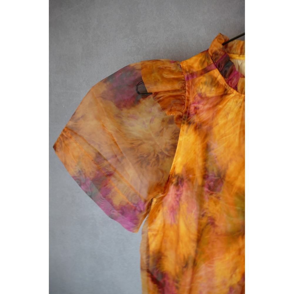 Marie Oliver Orange Abstract Floral Sheer Organza Ruffle Mock Neck Blouse XXS - Picture 6 of 10